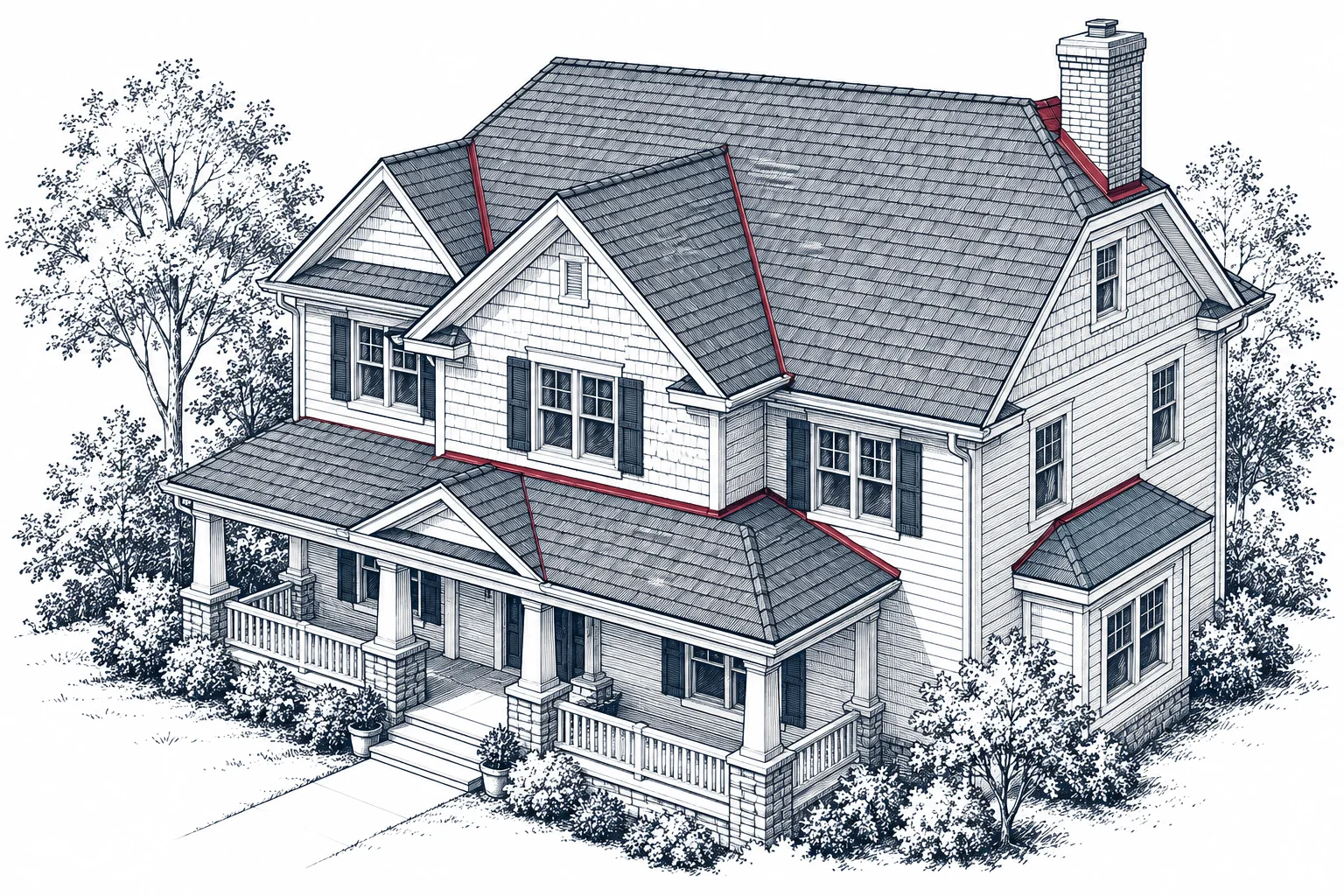 Architectural illustration of a two-story house emphasizing its roof, chimney, and porch